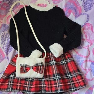 Tahari Black and Red Plaid Dress with White Faux Fur